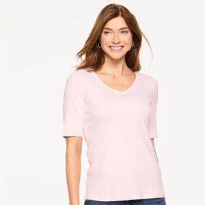 Light Pink V-neck t-shirt features mid-length sleeves soft cotton-blend knit.